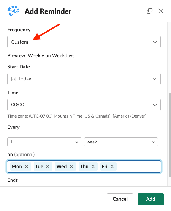 Add Reminder with Frequency Custom, Time 00:00, every 1 week on Mon Tue Wed Thu Fri