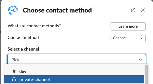 Choose contact method modal with Channel selected and a private channel available in the list