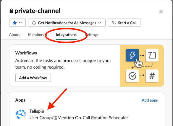 Channel details Integrations tab listing Tellspin under Apps