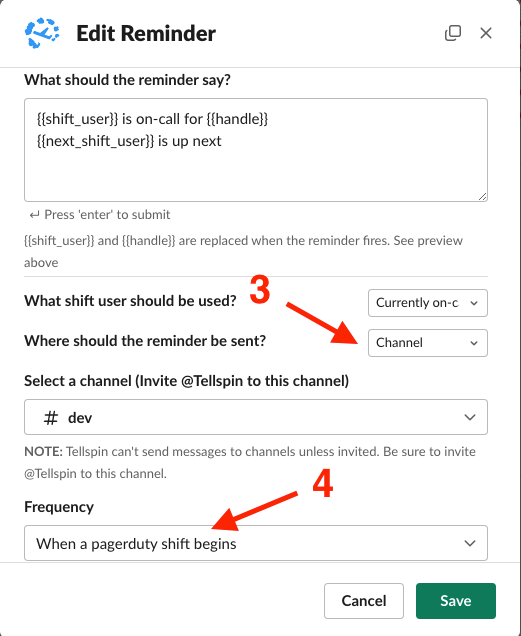 Edit Reminder modal with message template, Currently on-call, Channel, and frequency When a pagerduty shift begins