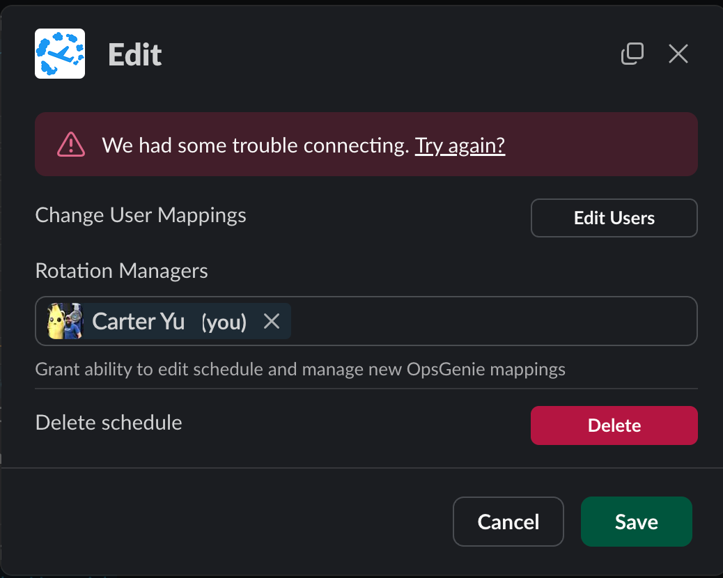 Edit modal with a trouble connecting banner, Change User Mappings, Rotation Managers, and Delete schedule
