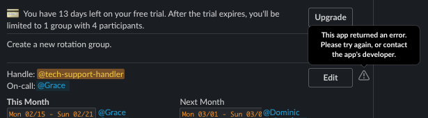Edit button on a schedule returning the error: This app returned an error