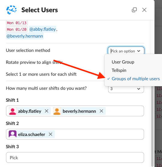 Select Users modal with Groups of multiple users selected and two people in Shift 1