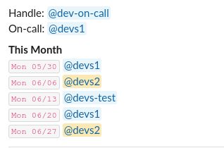 Preview of @dev-on-call rotating weekly between @devs1, @devs2, and @devs-test