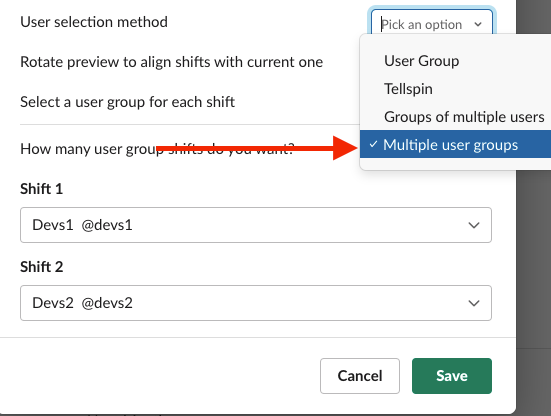 User selection method set to Multiple user groups with @devs1 and @devs2 as shifts
