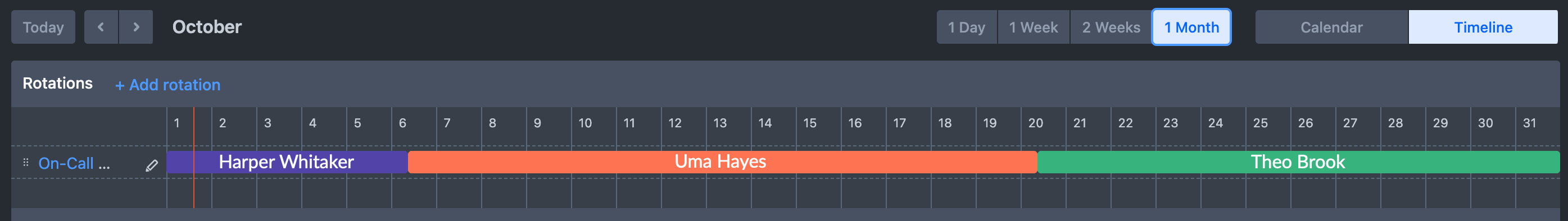 OpsGenie rotation timeline for October showing three consecutive on-call users