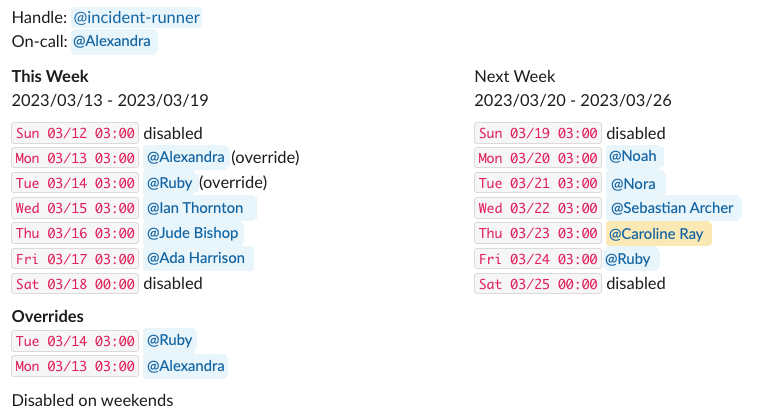 App Home preview with Monday and Tuesday marked (override) and both listed under Overrides