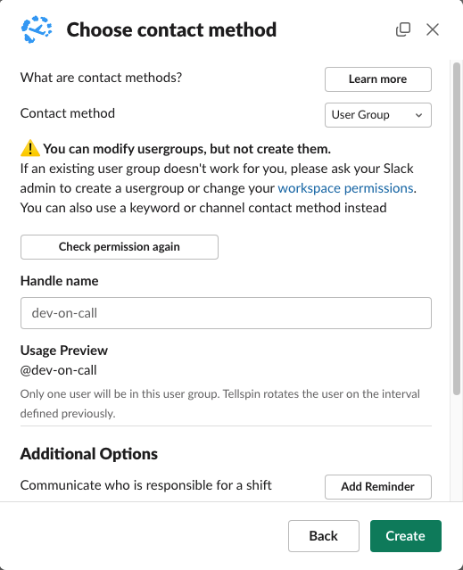 Choose contact method modal with User Group selected and a Handle name of dev-on-call