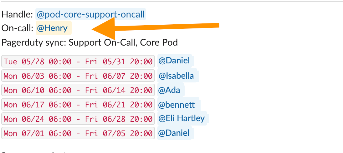 PagerDuty-synced schedule in the App Home showing the current on-call user and upcoming shifts