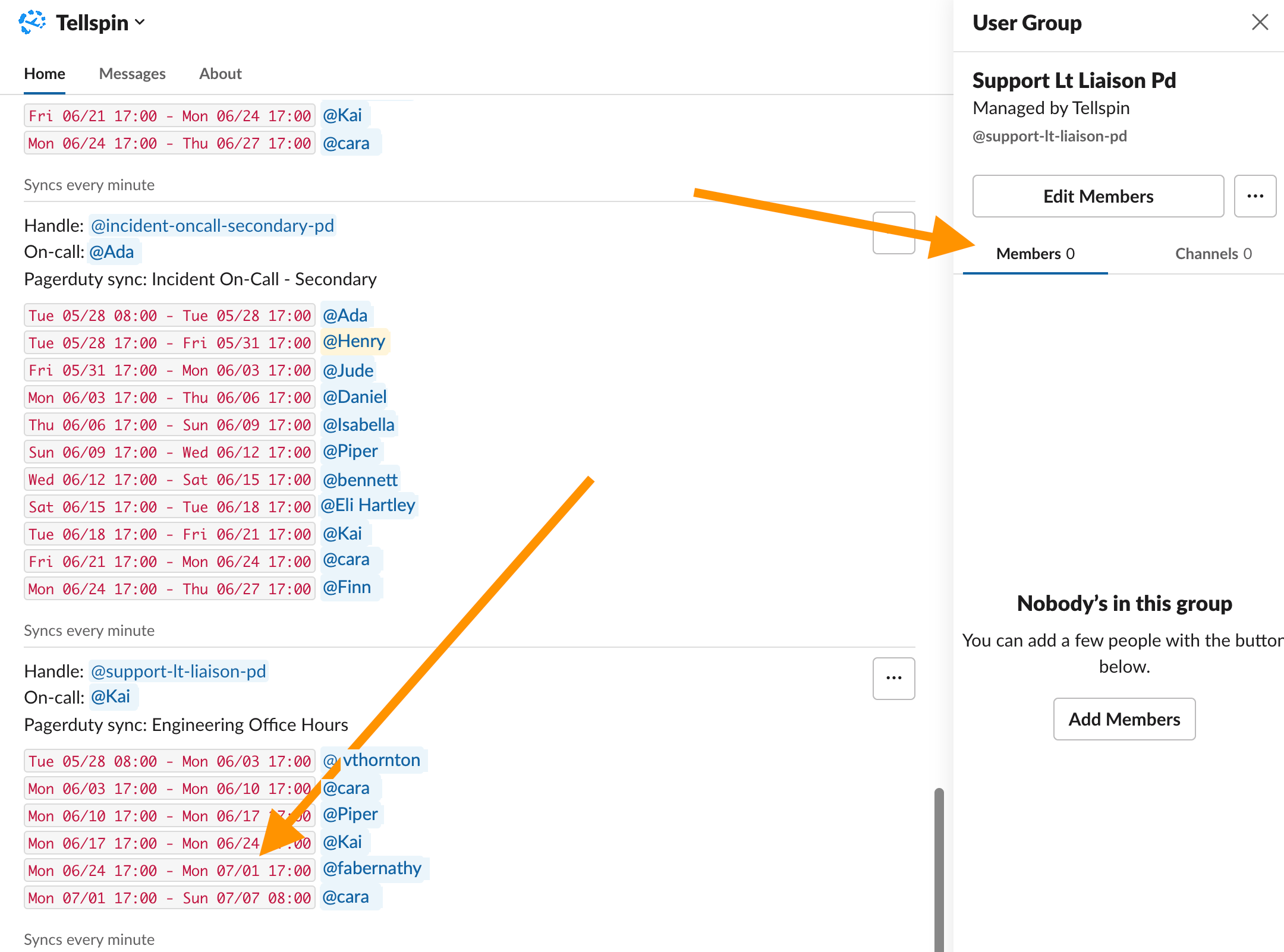 Tellspin shows an on-call user for a PagerDuty-synced schedule while the Slack user group has no members