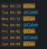 Same schedule shown as one date per day