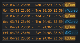 Preview for a viewer in another timezone: each daily shift runs 23:00 to 22:59