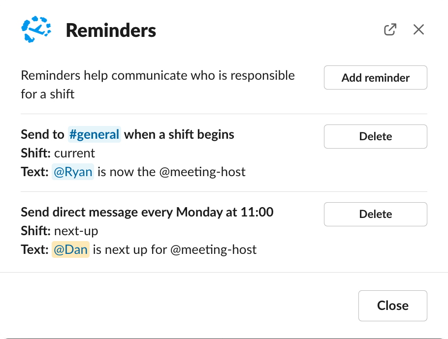 Reminders modal listing a channel reminder when a shift begins and a Monday direct message for the next-up shift