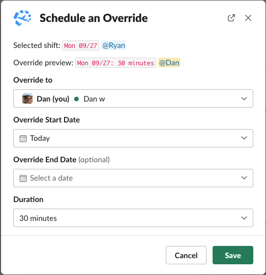 Schedule an Override form with Override to, start and end dates, and Duration fields