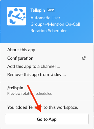 Tellspin app panel showing the /tellspin command and the Go to App button