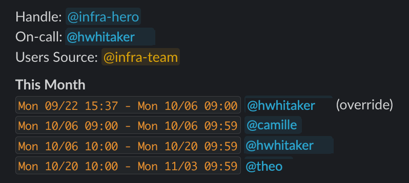 Tellspin App Home preview with the current shift marked (override) and upcoming shifts