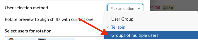 User selection method dropdown with Groups of multiple users highlighted