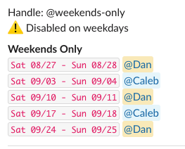 Weekends-only preview showing Disabled on weekdays and Saturday–Sunday shifts